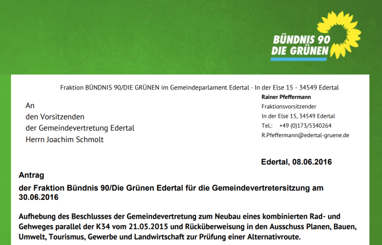 Antrag: Aufhebung des Beschlusses zum Neubau eines Rad- und Gehweges parallel der K34