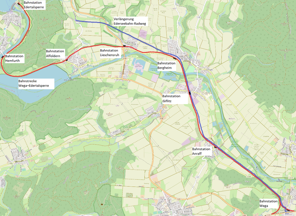Streckenverlauf der Bahntrasse zur Edertalsperre
